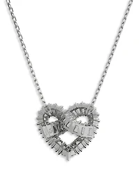 Matrix Baguette Crystal Woven Heart Pendant Necklace in Rhodium Plated, 15"-17"