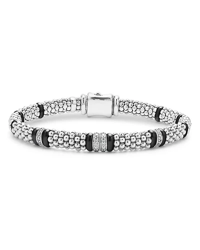 Four Station Diamond Black Caviar Bracelet Sterling Silver