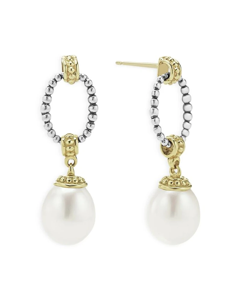 18k Gold & Sterling Silver Two Tone Cultured Pearl Oval Drop Earrings