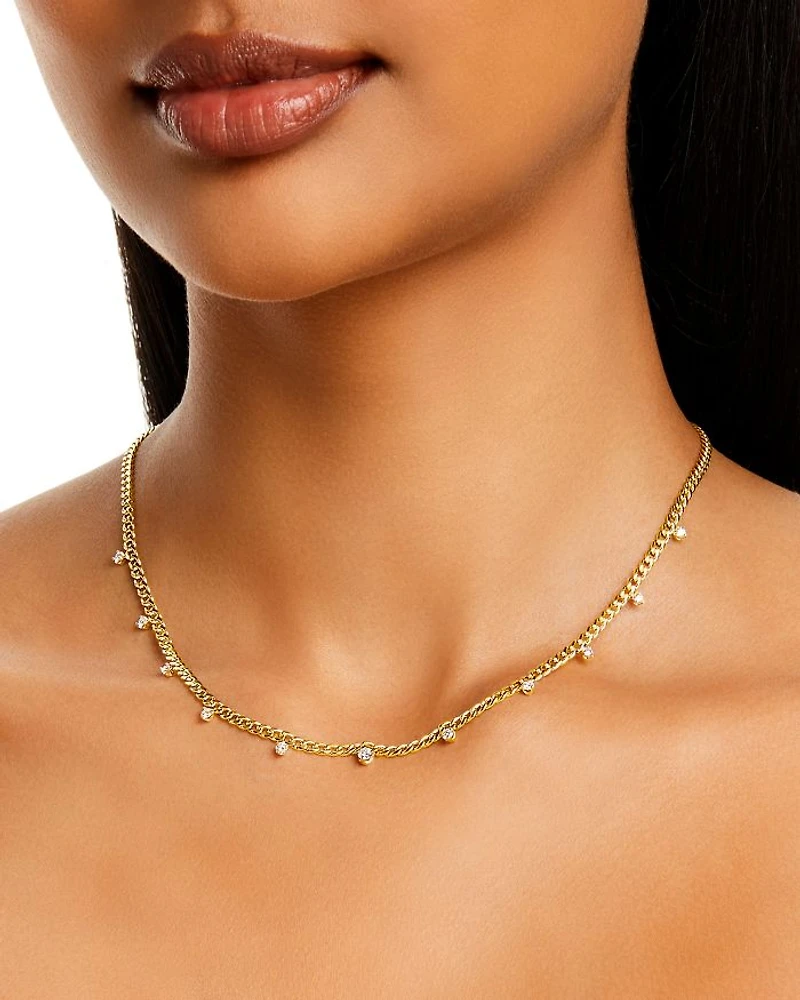 14K Yellow Gold Prong Diamonds Diamond Dangle Curb Link Collar Necklace, 16"