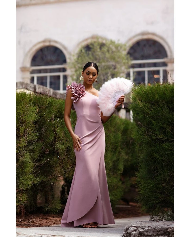 One Shoulder Ruffle Crepe Gown - Exclusive