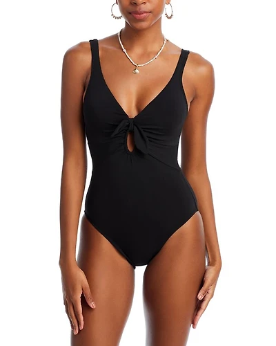 Ava Plunge Neck Tie-Front One Piece Swimsuit