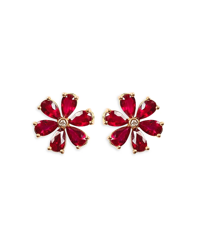 Zydo 18K Rose Gold Luminal Ruby & Diamond Floral Stud Earrings
