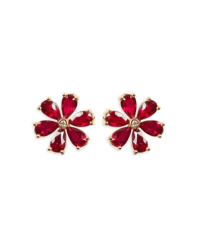 Zydo 18K Rose Gold Luminal Ruby & Diamond Floral Stud Earrings