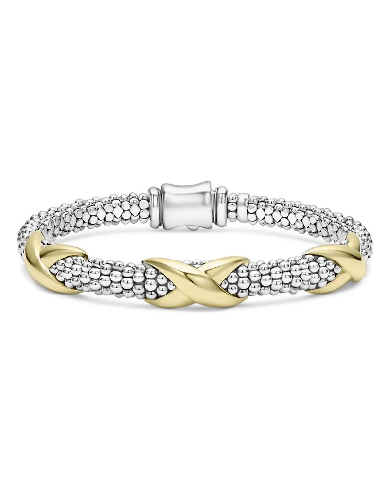 18K Yellow Gold & Sterling Silver Embrace Triple X Caviar Bead Link Bracelet