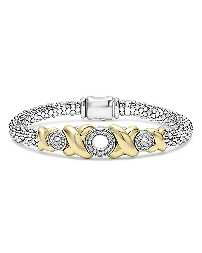 Lagos 18K Yellow Gold & Sterling Silver Embrace Diamond Xo Caviar Bead Bracelet