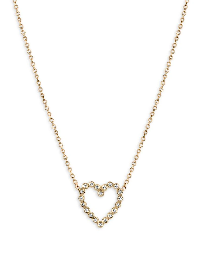 14K Yellow Gold Bezel Diamonds Diamond Open Heart Pendant Necklace, 16-18"