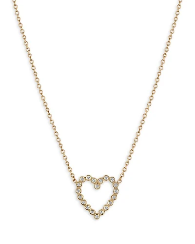14K Yellow Gold Bezel Diamonds Diamond Open Heart Pendant Necklace, 16-18"