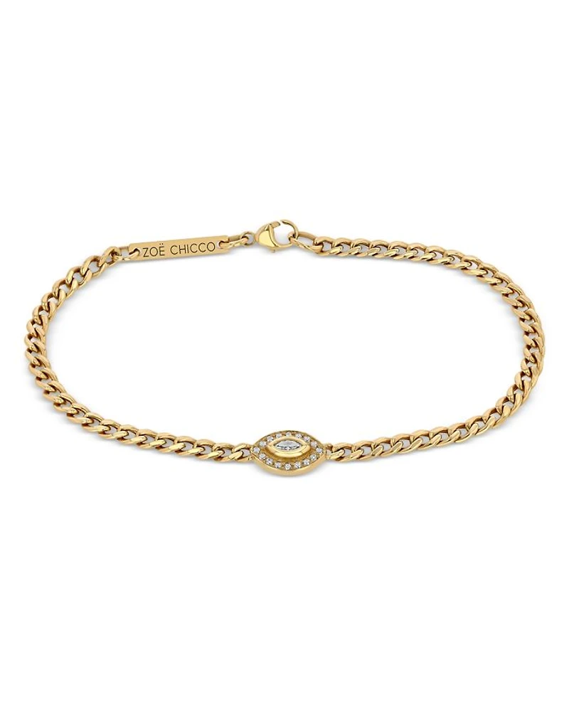 14k Yellow Gold Small Curb Chain Marquise Diamond Halo Bracelet