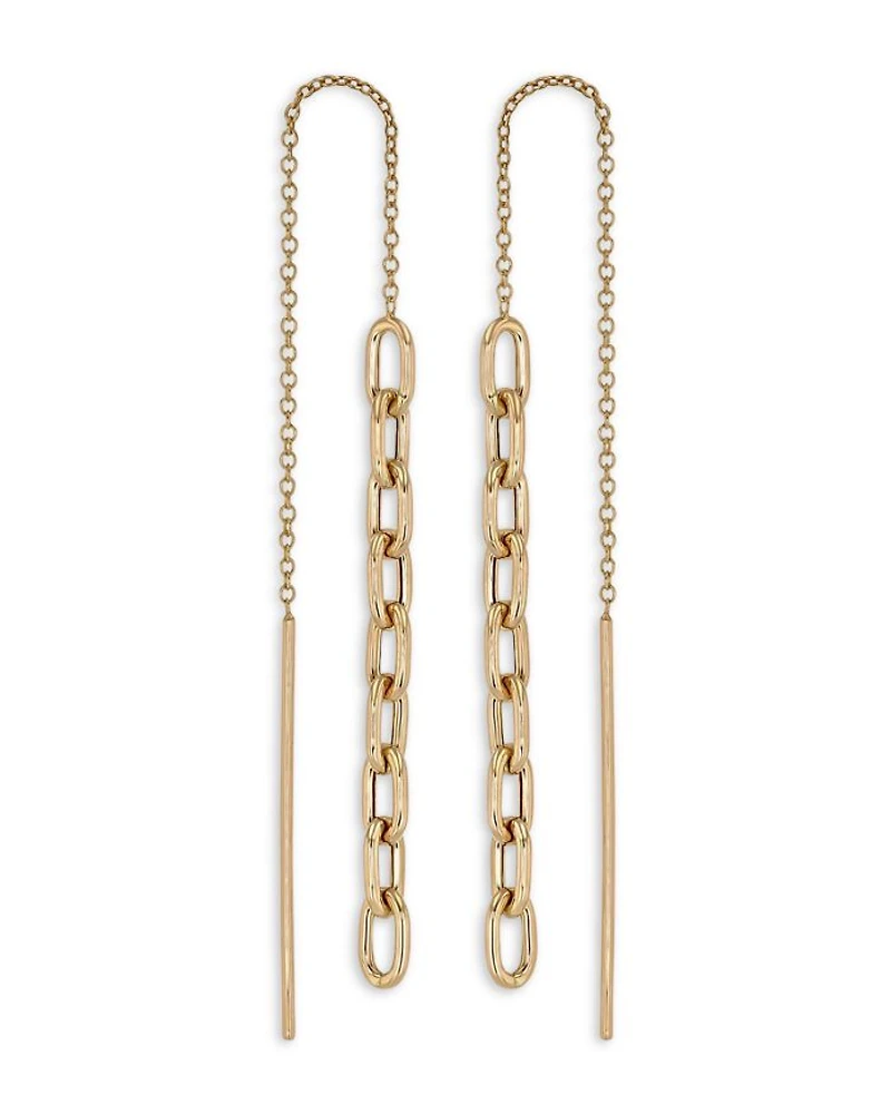 14K Yellow Gold Heavy Metal Chain Drop Threader Earrings