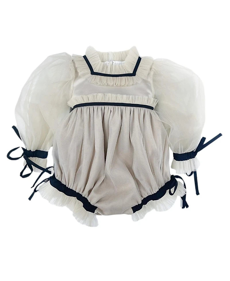 Petite Maison Kids Unisex Petite Maison Coco Caramel Tulle Romper with Sheer Puff Tulle Sleeves