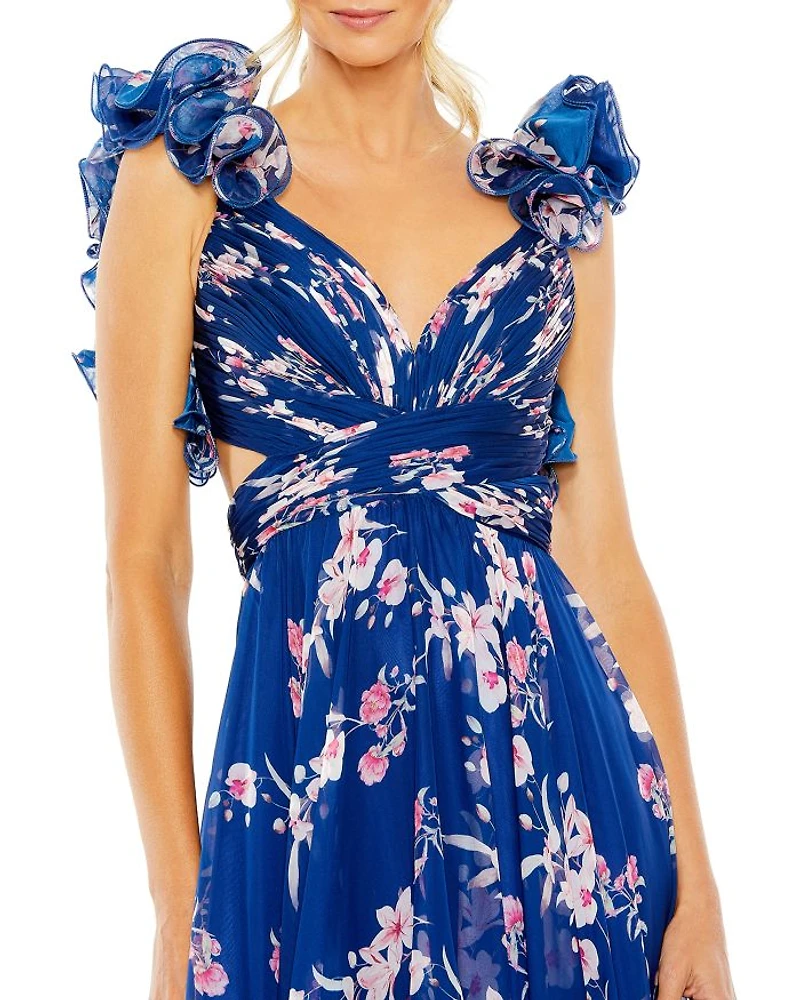 Women's Ruffle Tiered Floral Cut-Out Chiffon Gown