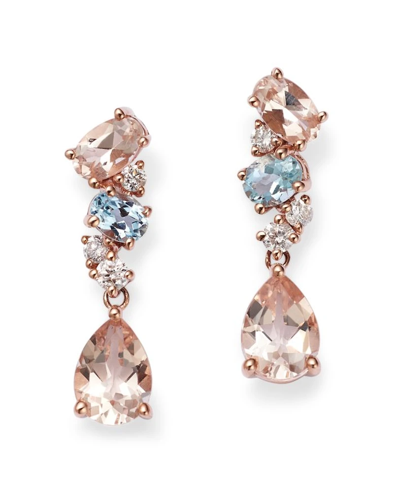 Morganite, Aquamarine, & Diamond Drop Earrings in 14K Rose Gold