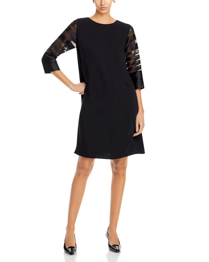 Sheer Stripe Sleeve Crepe Shift Dress