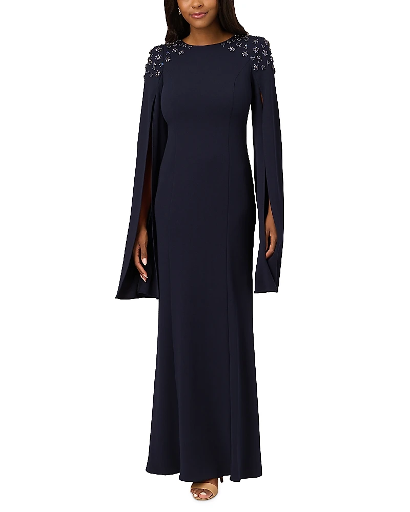 Adrianna Papell Beaded Cape Sleeve Gown