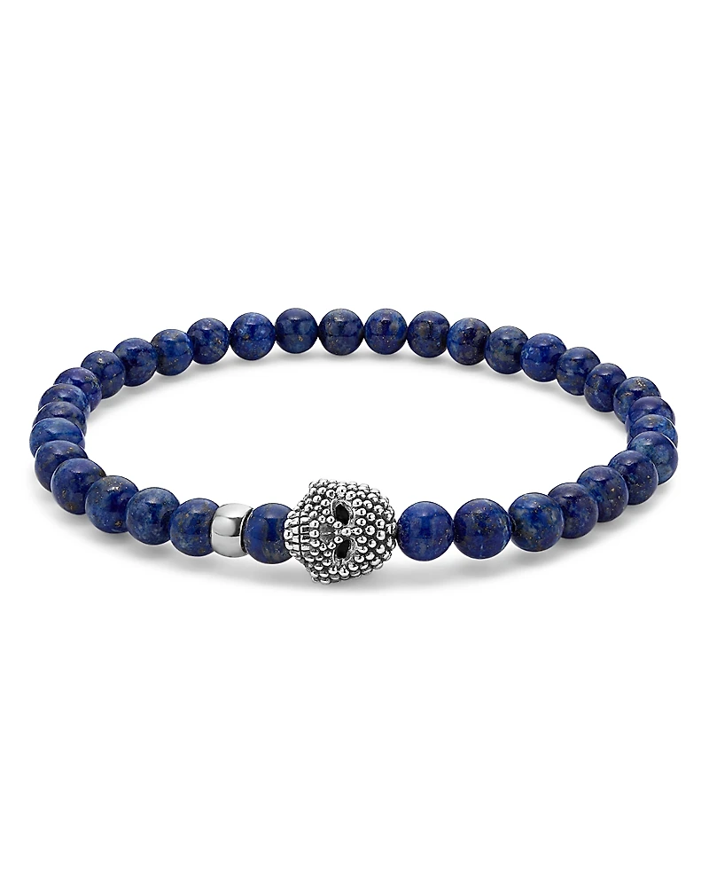 Lagos Men's Sterling Silver Anthem Lapis Lazuli Bead Skull Stretch Bracelet - Exclusive