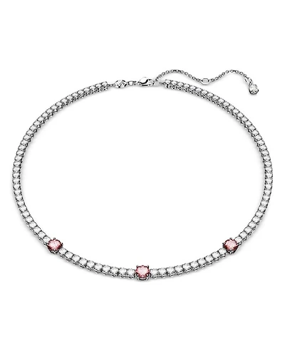 Matrix Clear & Pink Crystal Tennis Necklace in Rhodium Plated, 14.96"-17.72"