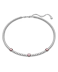 Matrix Clear & Pink Crystal Tennis Necklace in Rhodium Plated, 14.96"-17.72"