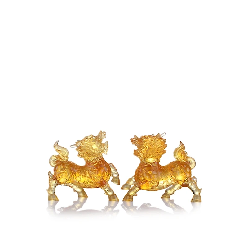 Liuli Benevolent Fortune Qilin Crystal Sculpture, Set of 2