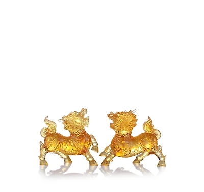 Liuli Benevolent Fortune Qilin Crystal Sculpture, Set of 2