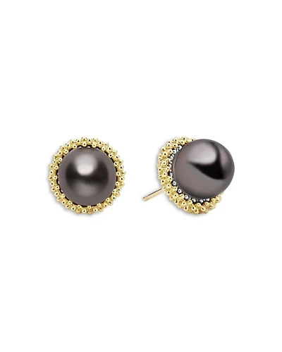 18K Yellow Gold & Sterling Silver Luna Tahitian Black Pearl Stud Earrings