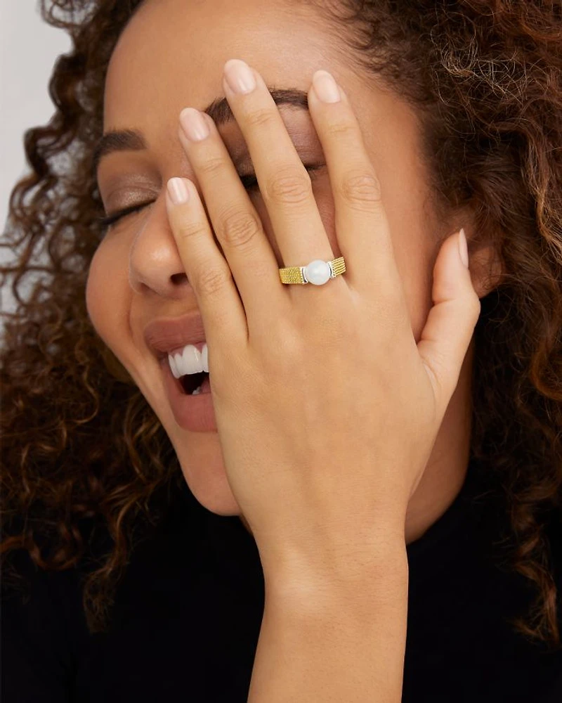 18K Yellow Gold & Sterling Silver Luna Cultured Freshwater Pearl Caviar Bead Ring
