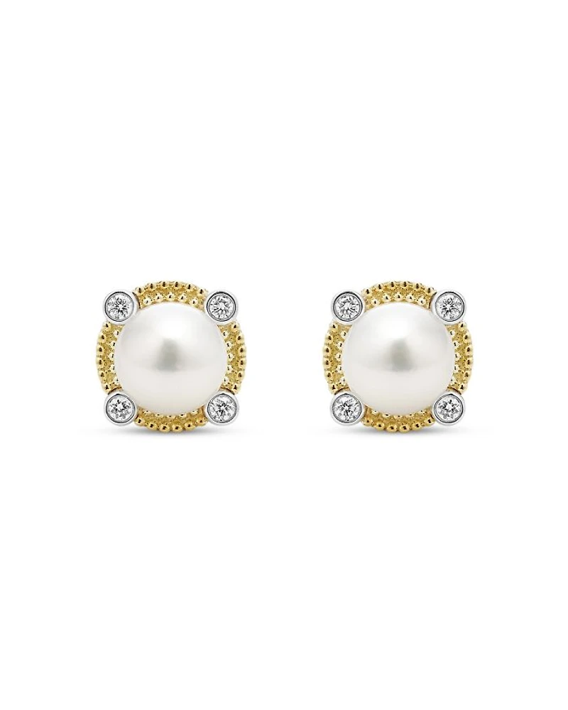 18K Yellow Gold & Sterling Silver Luna Cultured Freshwater Pearl & Diamond Stud Earrings
