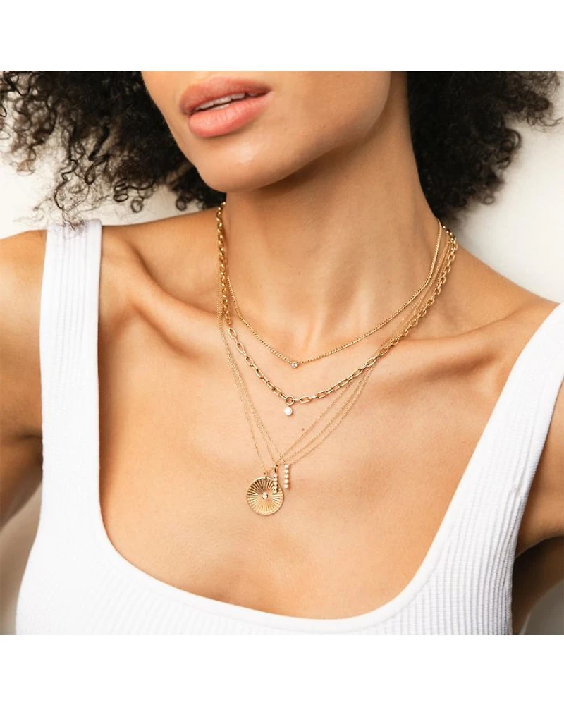 14K Yellow Gold Bezel Diamonds Curb Chain Pendant Necklace, 14"-16"