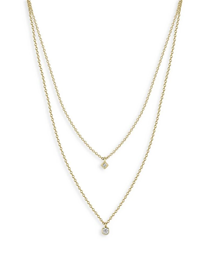 14K Yellow Gold Diamond Princess & Round Layered Pendant Necklace, 16-18"