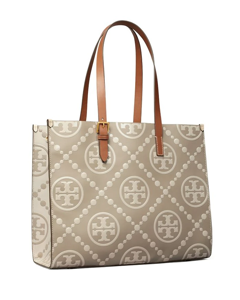 T Monogram Contrast Embossed Leather Tote