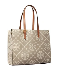 T Monogram Contrast Embossed Leather Tote