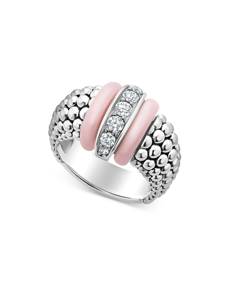 Sterling Silver Pink Caviar Diamond & Pink Ceramic Bead Statement Ring