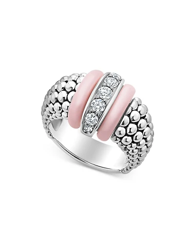 Sterling Silver Pink Caviar Diamond & Pink Ceramic Bead Statement Ring