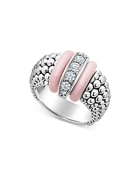 Sterling Silver Pink Caviar Diamond & Pink Ceramic Bead Statement Ring