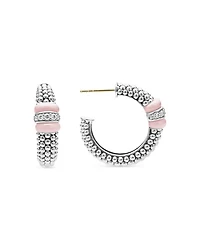 Sterling Silver Pink Caviar Diamond & Pink Ceramic Bead Hoop Earrings