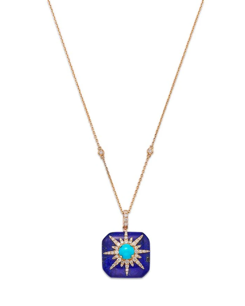 Lapis, Turquoise, & Diamond Starburst Pendant Necklace in 14K Yellow Gold, 18"
