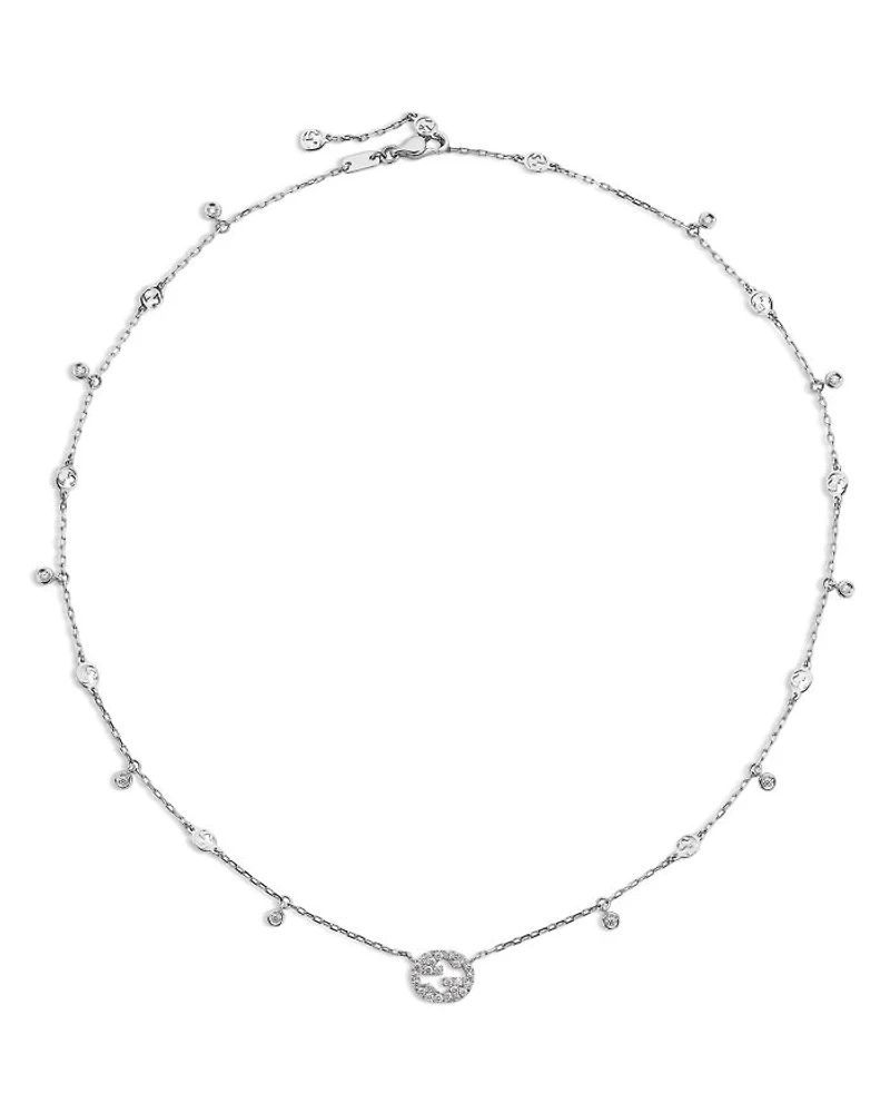 18K White Gold Interlocking G Diamond Dangle Pendant Necklace, 15-16.5"
