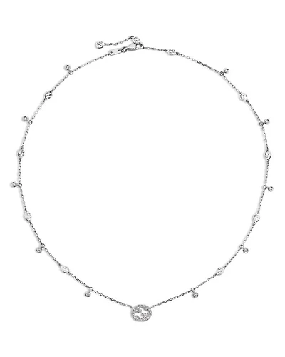 18K White Gold Interlocking G Diamond Dangle Pendant Necklace, 15-16.5"
