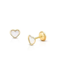 Girls' 14K Gold Genuine Love Mother of Pearl Heart Studs - Baby, Little Kid, Big Kid