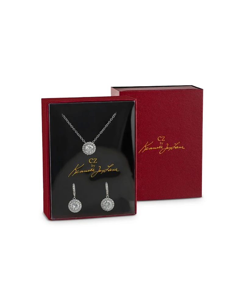 Round Pavé Halo Earrings & Pendant Necklace Set