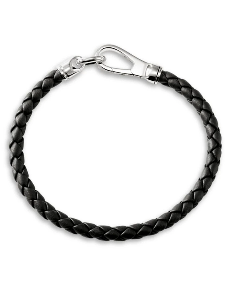 Men's Silver Woven Leather Hook Clasp Bracelet