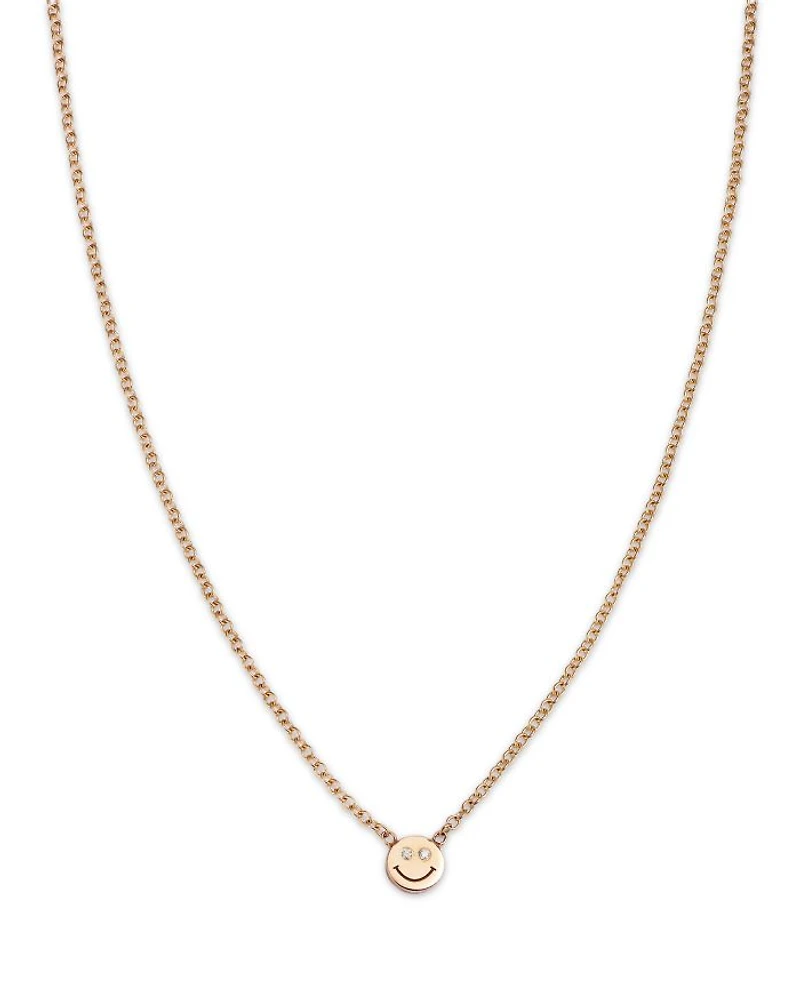 14K Yellow Gold Itty Bitty Smiley Face Diamond Eyes Pendant Necklace, 16"