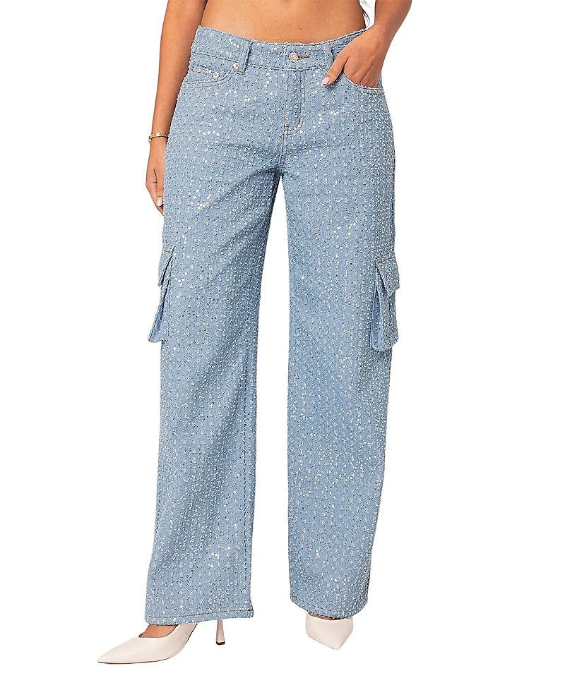 Edikted Icing Sequin Low Rise Cargo Jeans