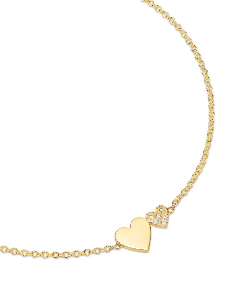 14K Yellow Gold Midi Bitty Symbols Diamond Double Heart Chain Bracelet