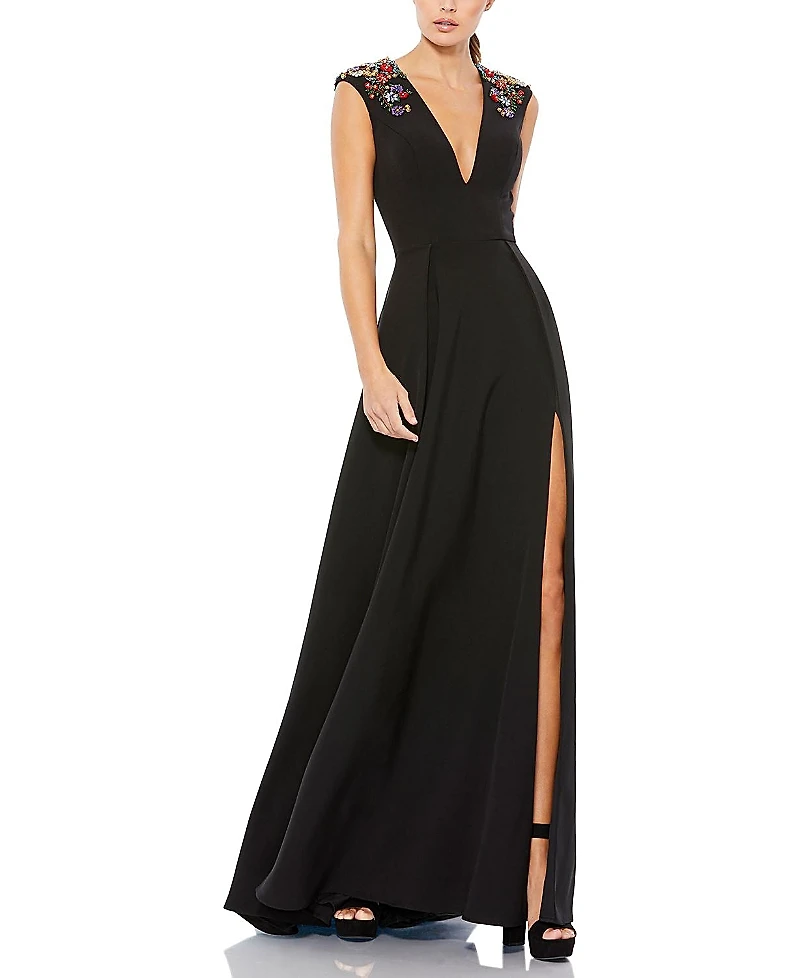 Mac Duggal Women's Beaded Cap Sleeve V Neck A Line Gown