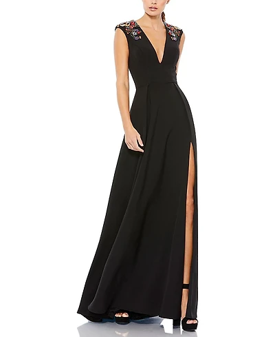 Mac Duggal Women's Beaded Cap Sleeve V Neck A Line Gown
