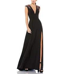 Mac Duggal Women's Beaded Cap Sleeve V Neck A Line Gown