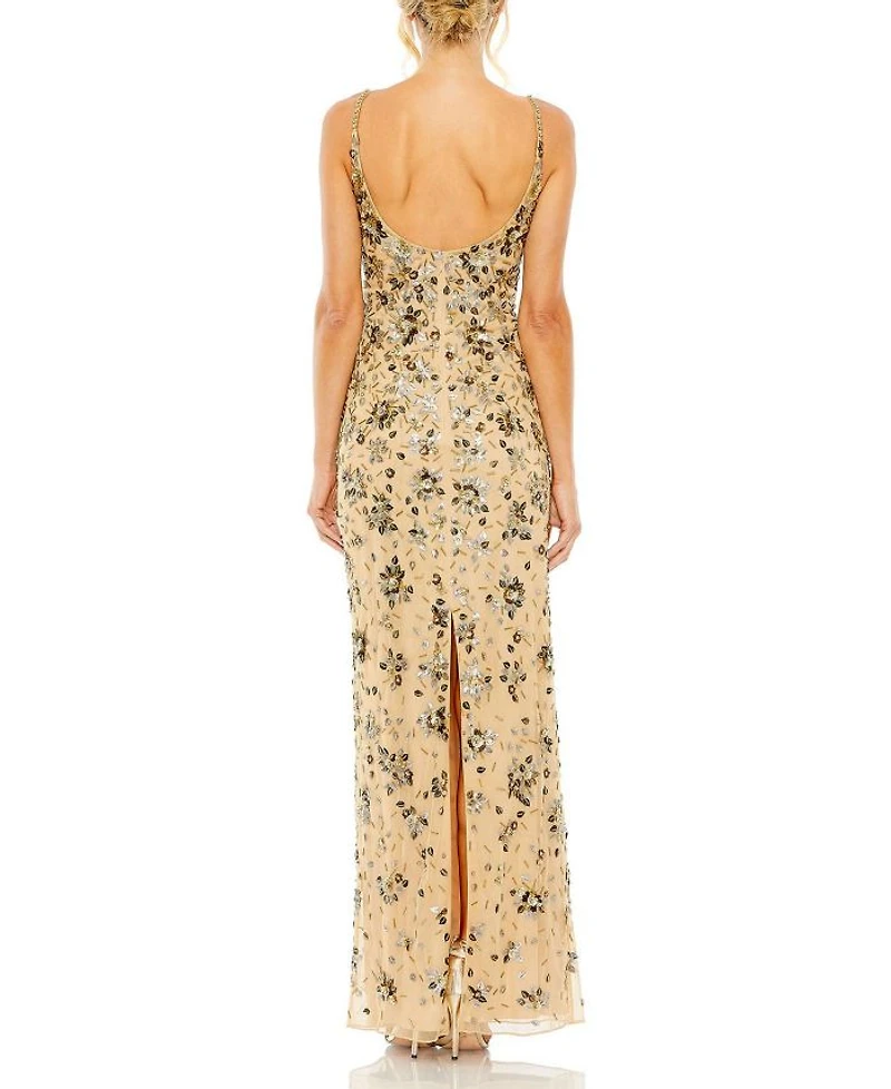 Floral Embellished Scoop Neck Evening Gown