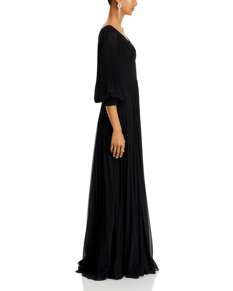 Chiffon Pleated V Neck Gown