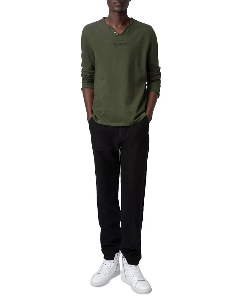 Monastir Cotton & Linen Logo Graphic Long Sleeve Henley